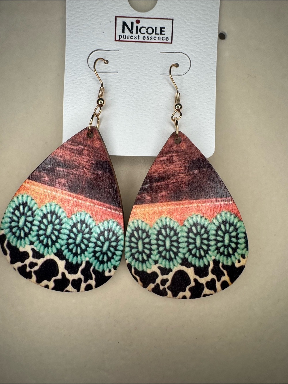NWT Nicole Wooden Western Teardrop Earrings in Turquoise, Rust & Leopard Print
